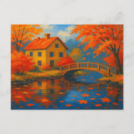Cartão Postal Vintage Autumn House Maple Orange Red Garden Pond