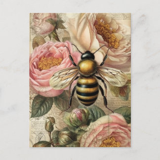 Cartão Postal Vintage Bee and Pink Roses Decoupage