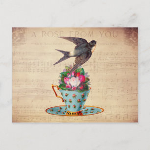 Cartão Postal Vintage Bird, Rosas e Teacup