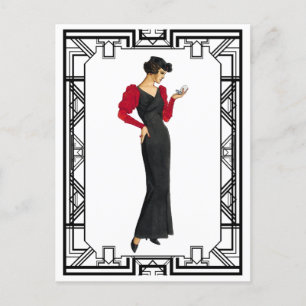 Cartão Postal Vintage Black and Red 1930 Evening Gown