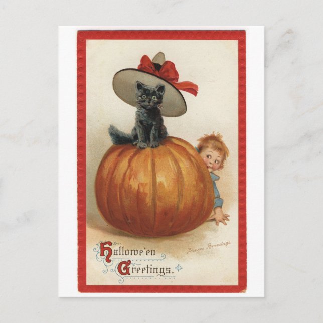 Cartão Postal Vintage Black Cat com Witch Hat (Frente)