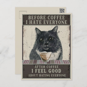 Cartão Postal Vintage Black Sarcastic Cat and Coffee