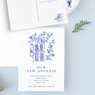 Cartão Postal Vintage Blue Floral House Novo Anúncio de Endereço