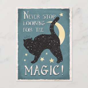 Cartão Postal Vintage Blue Magic Black Cat Stars Lua