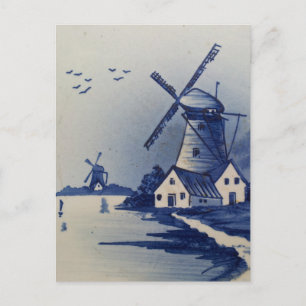 Cartão Postal Vintage Blue White Delft Windmill