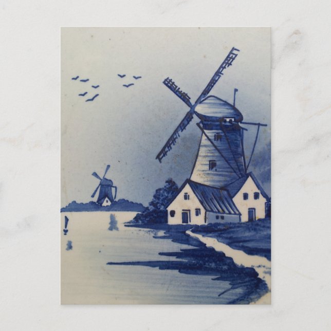 Cartão Postal Vintage Blue White Delft Windmill (Frente)