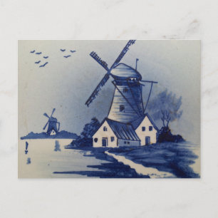 Cartão Postal Vintage Blue White Delft Windmill