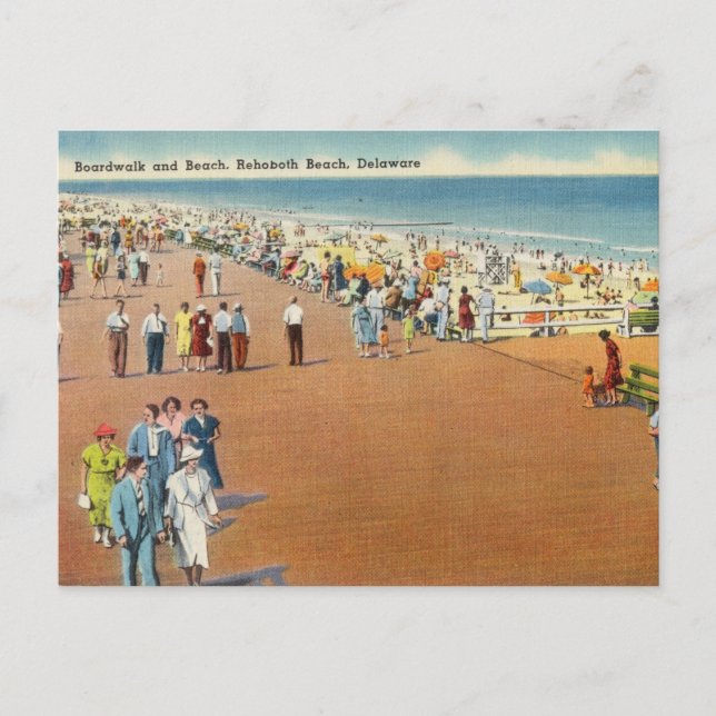 Cartão Postal Vintage Boardwalk e Beach Rehoboth Delaware (Frente)