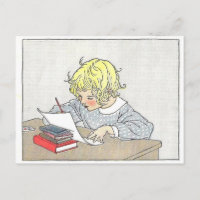 Vintage Book Illustration Girl Escrevendo uma letr
