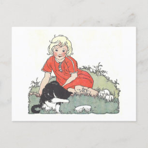 Cartão Postal Vintage Book Illustration Girl with Cat