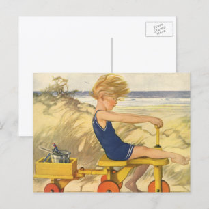 Cartão Postal Vintage Boy tocando na praia com Sand Toys