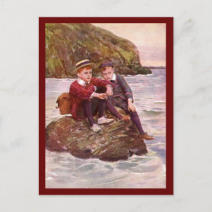 Cartão Postal Vintage Boys Sentados Em Rock Postcard