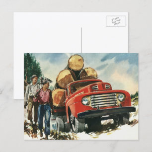 Cartão Postal Vintage Business, Logging Truck com Lumberjacks