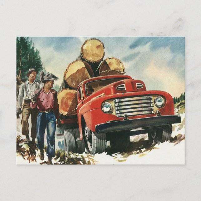 Cartão Postal Vintage Business, Logging Truck com Lumberjacks (Frente)