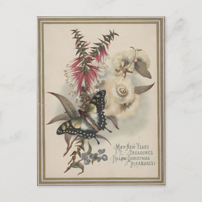 Cartão Postal Vintage Butterfly & Australian Flowers Christmas (Frente)