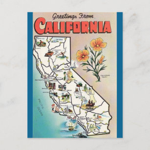 Cartão Postal Vintage California Map USA Turismo