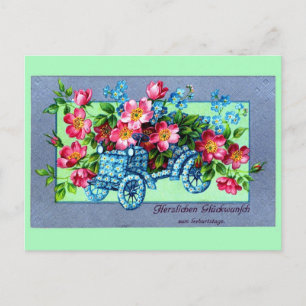 Cartão Postal Vintage, carro de flores alemão Feliz Aniversário