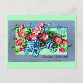 Cartão Postal Vintage, carro de flores alemão Feliz Aniversário