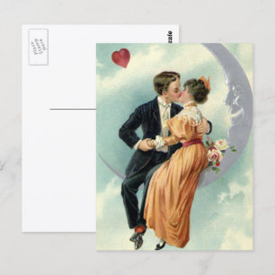 Cartão Postal Vintage, Casal vitoriano, beija-flor numa lua cres