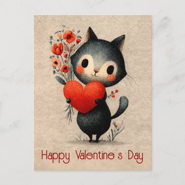 Cartão Postal Vintage Cat With Heart Valentine's Day (Frente)