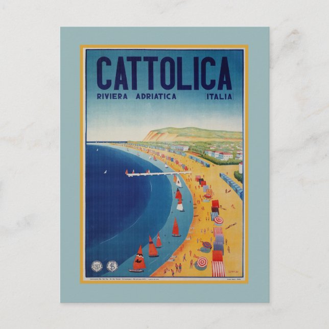 Cartão Postal Vintage Cattolica praia viagem italiana (Frente)