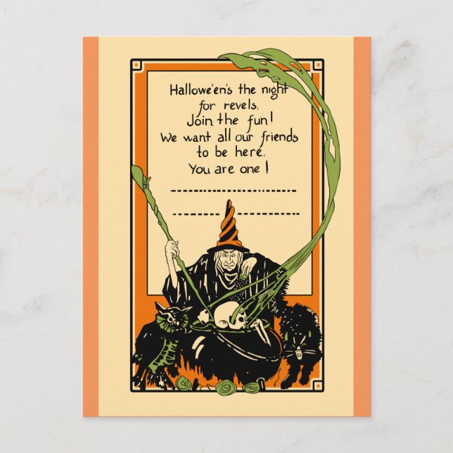 Cartão Postal Vintage Cauldron Black Cat and Owl (Frente)