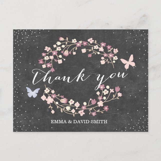 Cartão Postal Vintage Chalkboard Butterfly & Flowers Obrigado (Frente)