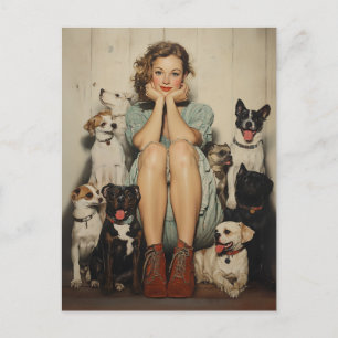 Cartão Postal Vintage Charm = Uma jovem mulher cercada por cães