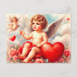 Cartão Postal Vintage Cherub Angel com Rosas Rosa