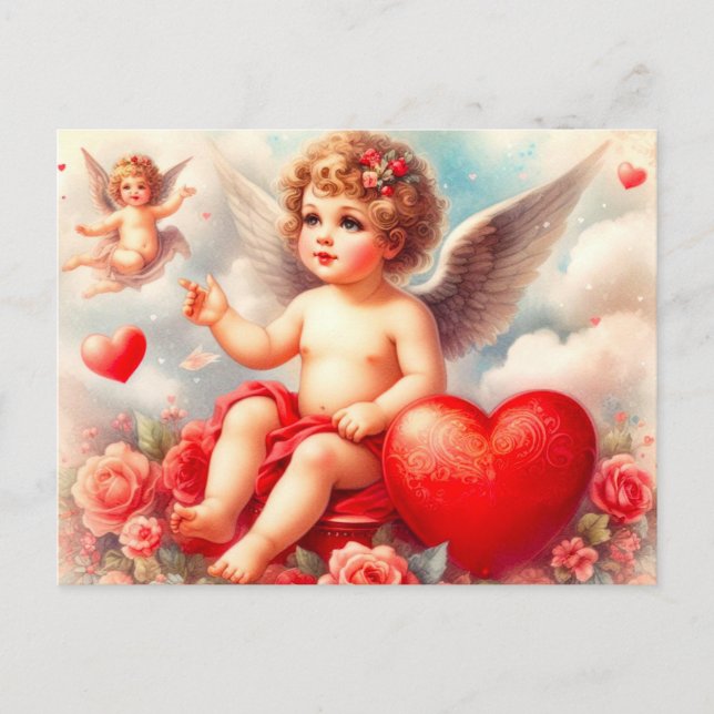 Cartão Postal Vintage Cherub Angel com Rosas Rosa (Frente)