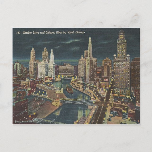 Cartão Postal Vintage Chicago Night Skyline (Frente)