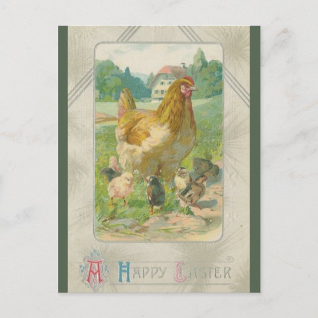 Cartão Postal Vintage Chickens on a Farm Easter (Frente)