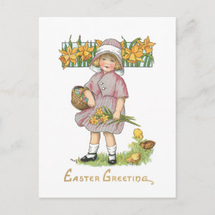 Cartão Postal Vintage Child com Daffodils e Saudação de Pásco
