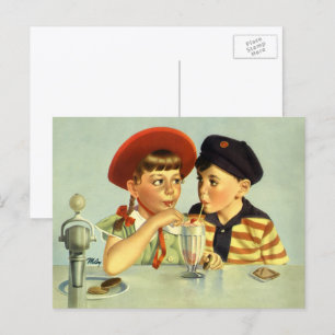 Cartão Postal Vintage Children, Boy and Girl Sharing a Shake