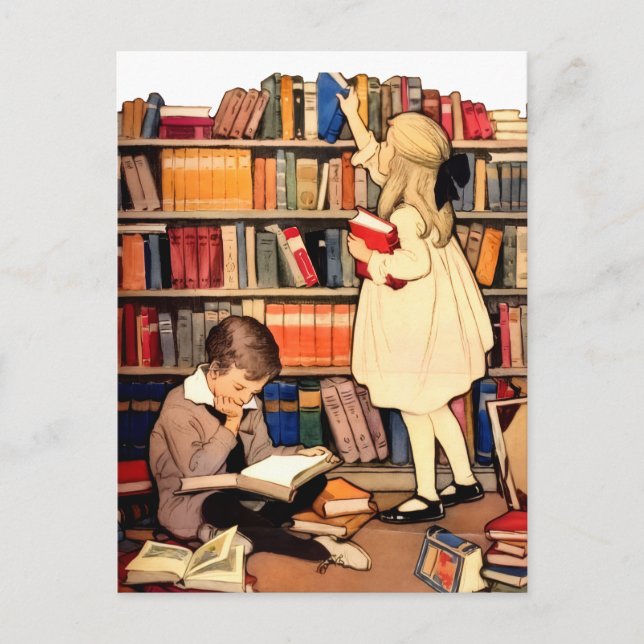 Cartão Postal Vintage Children Reading Library Books PostCard (Frente)