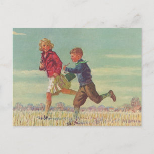 Cartão Postal Vintage Children Running to School Carregando Book