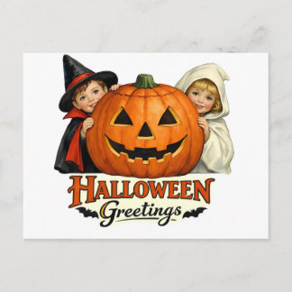 Cartão Postal Vintage Children with Giant Pumpkins Halloween