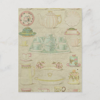 Cartão Postal Vintage China Teacups Teapot Shabby Kitchen Decor