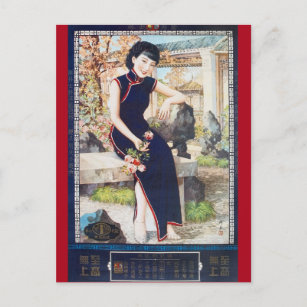 Cartão Postal Vintage Chinese Ad Shanghai Woman Marinho Cheongsa
