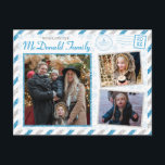 Cartão Postal Vintage Christmas Family Photo Glitter Air Mail<br><div class="desc">A gorgeous vintage style air mail glitter border postcard design with blue and silver stripes for this holiday season. Add your special family photos to the front and back of this postcard. A large space for a custom message on the back side along with space to write your recipient address...</div>
