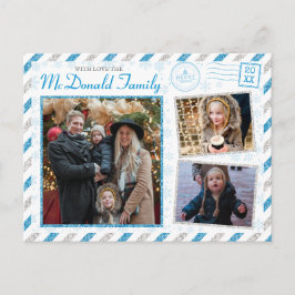 Cartão Postal Vintage Christmas Family Photo Glitter Air Mail