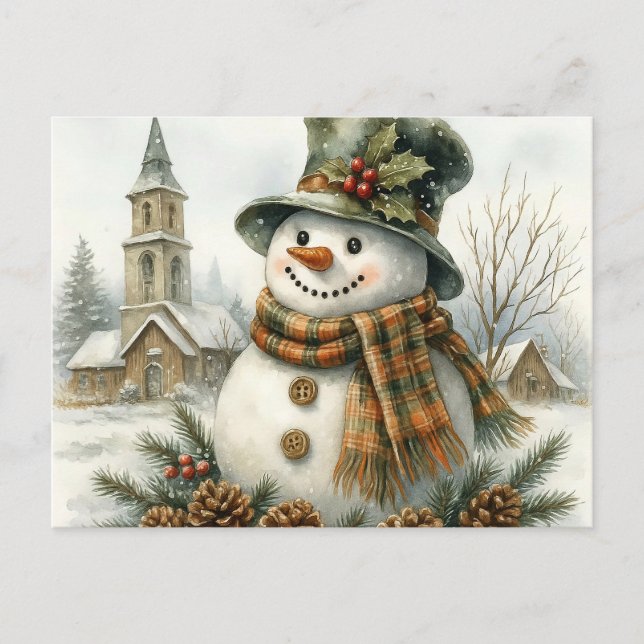 Cartão Postal Vintage Christmas Snowman Cozy Winter Holiday (Frente)