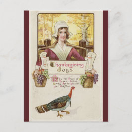 Cartão Postal Vintage Colonial Woman e Turquia Ação de Graças