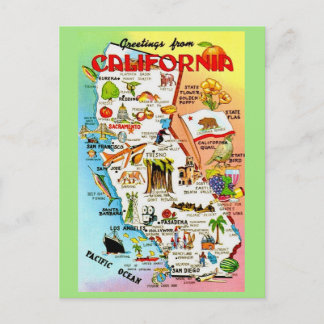 Cartão Postal Vintage Colorful California Map