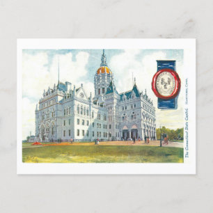 Cartão Postal Vintage Connecticut Capitol com Selo