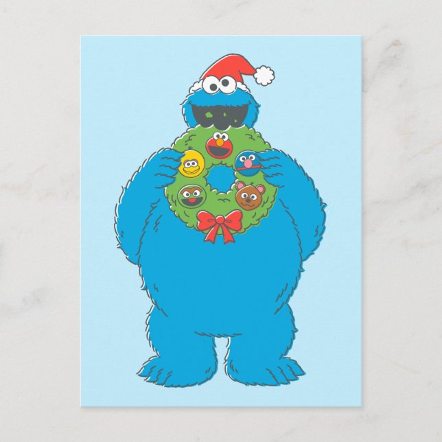 Cartão Postal Vintage Cookie Monster Wreath de Natal (Frente)