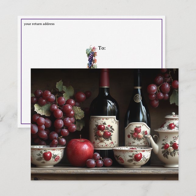 Cartão Postal  Vintage Country Kitchen Wine Grapes Apples (Frente/Verso)