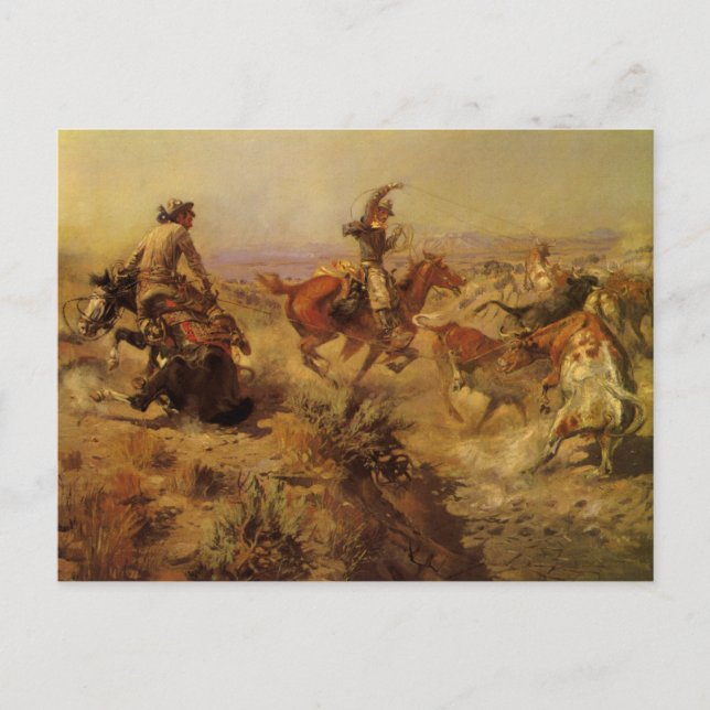 Cartão Postal Vintage Cowboys, Derrubados pelo CM Russell (Frente)