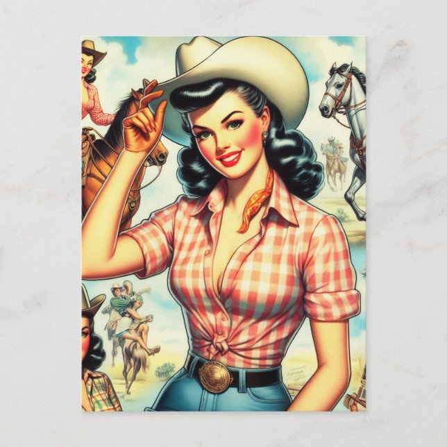Cartão Postal Vintage Cowgirl Ilustração Invisível (Frente)