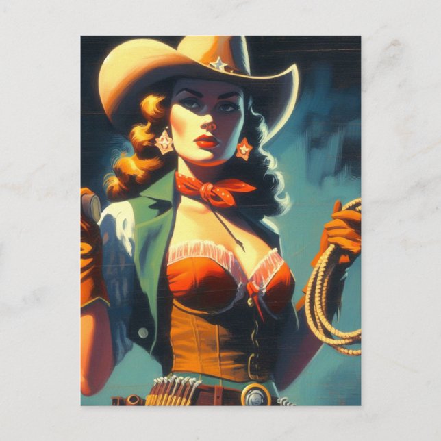 Cartão Postal Vintage Cowgirl Painting (Frente)
